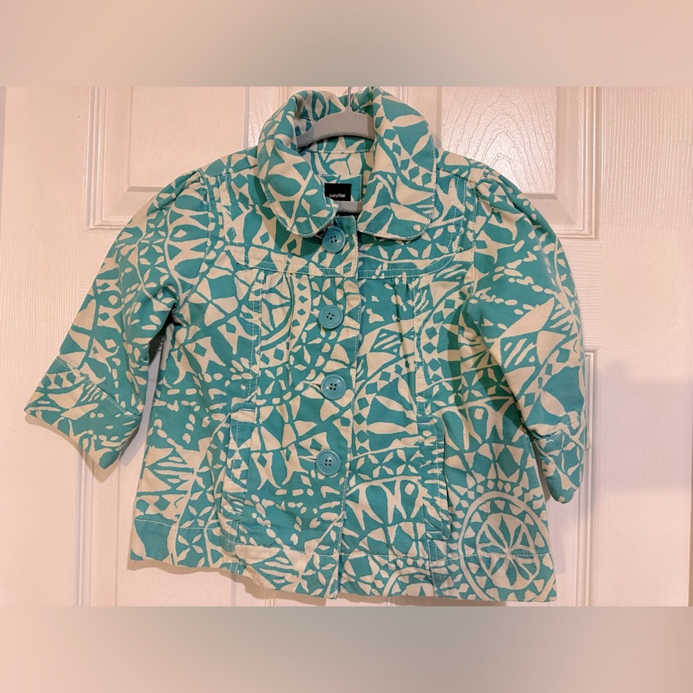VGUC Baby Gap Turquoise & White Mosaic Print Jean Jacket size 5Y